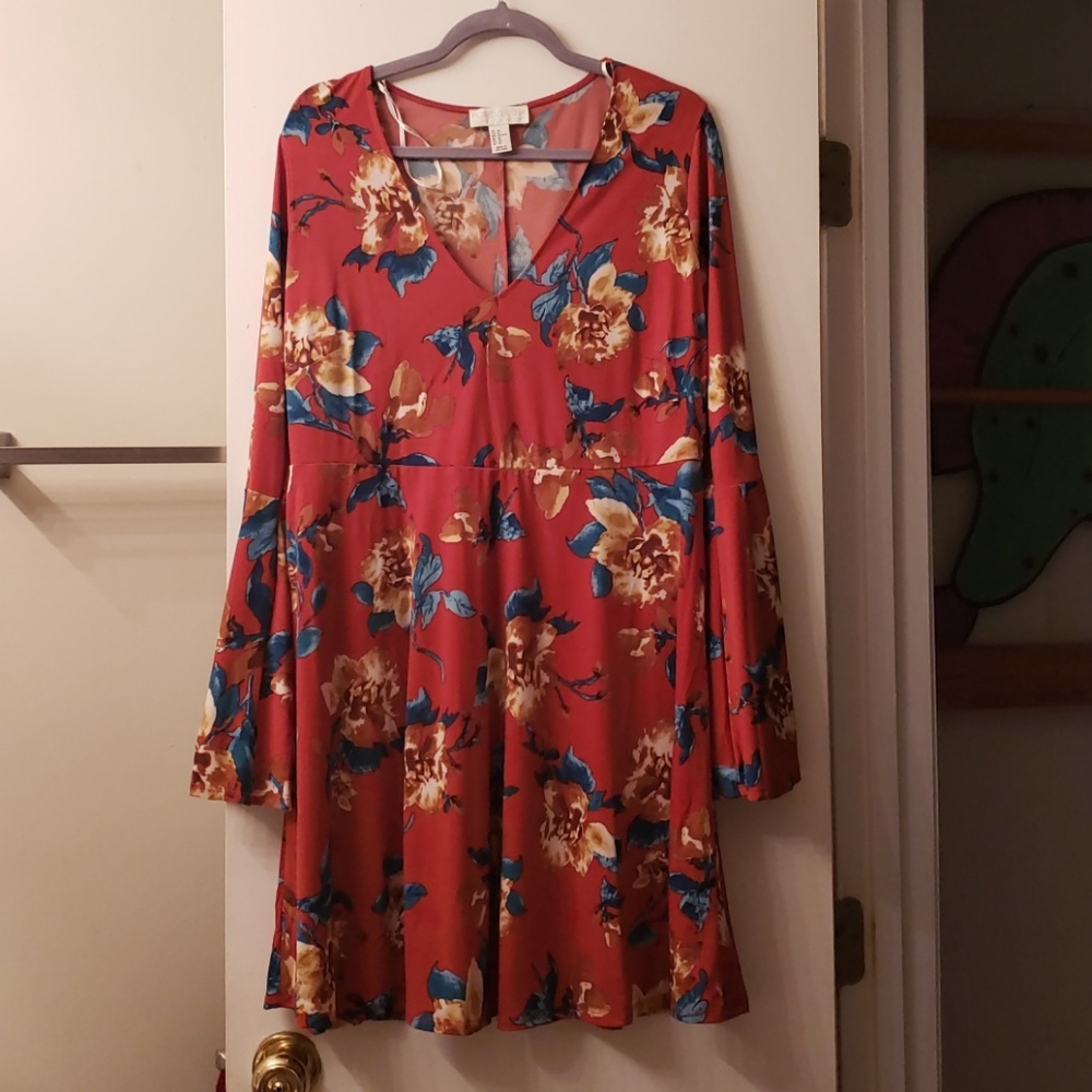 Orange Mid-Length Dress with Floral Print